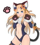  1girl abigail_williams_(fate/grand_order) animal_ears atsumisu bangs bare_shoulders bell black_bow black_leotard blonde_hair blue_eyes blush bow breasts cat_ears cat_tail center_opening commentary_request cosplay fate/grand_order fate/kaleid_liner_prisma_illya fate_(series) forehead fur_collar gloves hair_bow hair_ribbon highres hips illyasviel_von_einzbern illyasviel_von_einzbern_(cosplay) jingle_bell leotard long_hair looking_at_viewer navel open_mouth orange_bow orange_ribbon parted_bangs paw_gloves paws polka_dot polka_dot_bow ribbon simple_background small_breasts smile solo tail thighhighs thighs two_side_up white_background 