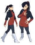  1girl black_hair black_pantyhose dragon_ball dragon_ball_super dragon_ball_super_super_hero dress earrings full_body gamma_1 genderswap genderswap_(mtf) highres jacket jenxd_d jewelry pantyhose ponytail red_eyes smile solo 