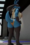 3d_(artwork) absurd_res anthro blender_(software) blue_body breasts canid clothing digital_media_(artwork) female generation_4_pokemon hi_res looking_at_viewer lucario mammal nintendo one_01 pokemon pokemon_(species) poolside solo standing swimwear tail wide_hips