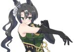  1girl animal_ears armpits bare_shoulders black_hair elbow_gloves gloves green_eyes green_sweater hair_between_eyes highres horse_ears horse_girl hu-min_(okok6341) long_hair looking_at_viewer multicolored_hair necktie ribbed_sweater satono_crown_(umamusume) side_ponytail simple_background sleeveless sleeveless_sweater smile solo streaked_hair suspenders sweater umamusume upper_body white_background white_hair yellow_necktie 