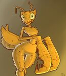 2023 antennae_(anatomy) anthro arthropod breasts dated digital_media_(artwork) eyelashes female gradient_background insect looking_at_viewer mantis mrdoccon signature simple_background solo thigh_gap yellow_body yellow_sclera