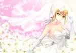  ahoge artoria_pendragon_(all) bare_shoulders blonde_hair bow breasts bridal_veil choker cleavage dress elbow_gloves fate/stay_night fate_(series) flower gloves green_eyes hachini looking_at_viewer medium_breasts pink_background saber solo veil wedding_dress 