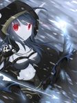  absurdres ahoge aoi_(pixiv2498037) arrow black_hair bow_(weapon) breasts chain cleavage cloak commentary_request defense_of_the_ancients glowing glowing_eyes grey_skin highres hood large_breasts looking_at_viewer motion_blur navel outdoors parted_lips red_eyes skull_print snowstorm solo traxex weapon 