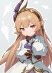  1girl absurdres ascot blush brown_gloves brown_hair brown_hairband dress earrings furrowed_brow gloves granblue_fantasy granblue_fantasy:_relink grey_background hair_ornament hairband hand_on_own_face harvin highres jewelry kasgero long_hair long_sleeves looking_at_viewer maglielle_(granblue_fantasy:_relink) petite pointy_ears purple_ascot raised_eyebrows red_eyes simple_background sword thinking very_long_hair weapon white_dress 