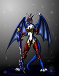  5_fingers anthro blue_body breasts claws clothing dragon female horn long_tail looking_at_viewer open_mouth snowfyre spikes spread_legs spreading standing sword sylfia_(snowfyre) toe_claws weapon white_body wings yellow_eyes 