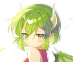  1girl absurdres blush brown_eyes character_name china_dress chinese_clothes closed_mouth draco_centauros dragon_girl dragon_horns dragon_wings dress green_hair highres horns looking_at_viewer offbeat pointy_ears puyopuyo red_dress short_hair sleeveless sleeveless_dress solo upper_body wings 