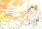  ahoge anniversary artoria_pendragon_(all) bare_shoulders blonde_hair bow breasts bridal_veil choker cleavage copyright_name dress elbow_gloves fate/stay_night fate_(series) flower gloves green_eyes hachini looking_at_viewer medium_breasts orange_background saber solo veil wedding_dress 