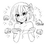  1girl ashe_bradley bare_shoulders breasts chibi claire_elford cleavage clenched_hands collarbone dress excited flower hair_ribbon monochrome noel_levine off-shoulder_dress off_shoulder oniko_(oni06) open_mouth ribbon short_hair simple_background sirius_gibson smile sparkle star_(symbol) upper_body white_background wilardo_adler witch&#039;s_heart 