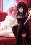  akemi_homura akuma_homura black_hair black_legwear blackrabbitsoul bow china_dress chinese_clothes dress fan folding_fan hair_bow hairband highres kaname_madoka long_hair looking_at_viewer mahou_shoujo_madoka_magica mahou_shoujo_madoka_magica_movie multiple_girls pink_hair red_eyes red_hairband smile spoilers thighhighs twintails ultimate_madoka white_legwear 