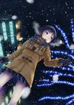  bad_id bad_pixiv_id blue_eyes blue_hair blush city coat dutch_angle from_below gloves highres jacket long_hair long_sleeves looking_away night original outdoors plaid plaid_scarf scarf skirt sky snowing solo suzu-q 