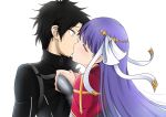  1boy 1girl black_hair black_shirt blush bow closed_eyes commission cross english_commentary fate/grand_order fate_(series) fujimaru_ritsuka_(male) fujimaru_ritsuka_(male)_(polar_chaldea_uniform) hair_bow hair_ribbon hetero highres kiss kuroakei long_hair martha_(fate) pixiv_commission purple_hair ribbon shirt shirt_grab simple_background upper_body very_long_hair white_background white_bow wide-eyed 