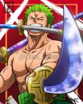  1boy abs bad_source earrings eastblue_95 english_commentary green_hair haramaki highres holding holding_sword holding_weapon jewelry looking_at_viewer male_focus one_piece over_shoulder pointing_sword red_background roronoa_zoro scar scar_across_eye scar_on_chest short_hair sideburns signature solo sword sword_over_shoulder topless_male twitter_username v-shaped_eyebrows weapon weapon_over_shoulder 