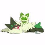 1:1 ambiguous_gender animated black_body claw_fingers ear_twitch generation_9_pokemon green_body kneading massage meowscarada nintendo pokemon pokemon_(species) red_eyes short_playtime simple_background sprigatito tail tail_motion tontaro white_background