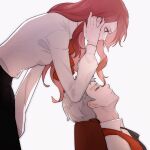  1boy 1girl adjusting_hair black_ribbon black_skirt bow bowtie closed_eyes collared_shirt commentary_request couch cowboy_shot fiori_(fiofiori_) from_side grey_hair highres kirijou_mitsuru leaning_forward long_hair long_sleeves looking_at_another looking_down neck_ribbon persona persona_3 persona_3_reload profile red_bow red_bowtie red_eyes red_hair red_sweater_vest ribbon sanada_akihiko shirt short_hair simple_background sitting skirt sleeping sweater_vest upper_body white_shirt 