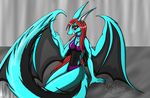  4_fingers anthro black_body blue_body breasts claws clothing dragon female hair long_hair looking_at_viewer open_mouth red_eyes red_hair red_nose sitting snowfyre solo wings 