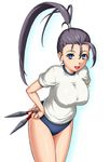  black_hair blue_eyes breasts hair_pulled_back hand_on_hip ibuki_(street_fighter) kunai large_breasts leaning_forward open_mouth ponytail school_uniform shiny shiny_hair short_sleeves smile solo street_fighter ura_omo weapon 