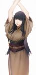  1girl arms_up black_hair blunt_bangs brown_kimono cowboy_shot final_fantasy final_fantasy_xiv green_eyes hand_on_own_arm highres hyur japanese_clothes kimono long_hair looking_at_viewer mole mole_under_mouth non-web_source obi obijime parted_lips red_lips sash simple_background smile solo standing straight_hair white_background yotsuyu_goe_brutus zhaoyang2002 
