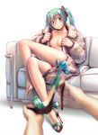 barefoot blurry censored collarbone convenient_censoring couch crossed_legs depth_of_field feet full_body fur_coat green_eyes green_hair hatsune_miku high_heels highres long_hair mosaic_censoring naked_coat no_panties open_toe_shoes pov sandals shoes single_shoe sitting smile soles strappy_heels toenail_polish toenails toes vocaloid wokada 