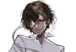  1boy absurdres bandage_over_one_eye bandaid bandaid_on_face black_eyes black_hair bungou_stray_dogs dazai_osamu_(bungou_stray_dogs) hair_between_eyes highres looking_at_viewer male_focus shirt short_hair smile solo upper_body white_background white_shirt ya_ta 