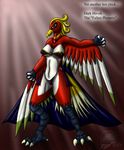  anthro avian beak bird breasts claws english_text erect_nipples feathers female ho-oh legendary_pok&#233;mon legendary_pok&eacute;mon looking_at_viewer nintendo nipples pink_eyes pok&#233;mon pok&eacute;mon red_feathers snowfyre solo standing text toe_claws video_games 