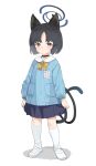  1girl aged_down animal_ear_fluff animal_ears black_eyes black_hair black_skirt blue_archive blue_shirt cat_ears cat_tail choker djheycha expressionless full_body halo highres kikyou_(blue_archive) kindergarten_uniform kneehighs multiple_tails pleated_skirt shirt shoes short_hair skirt socks solo standing tail white_footwear white_socks 