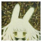  1girl animal_ears border closed_mouth expressionless green_eyes highres ju6mei leaf long_hair looking_at_viewer original painting_(medium) plant portrait rabbit_ears rabbit_girl solo straight-on tareme traditional_media white_border white_hair 