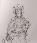 absurd_res anthro belt biped bottomwear brie_(grinriff) cheetah clothed clothing eyebrows felid feline female fingers fur green_eyes grinriff hair hi_res looking_at_viewer mammal midriff open_mouth open_smile shorts smile smiling_at_viewer solo tail
