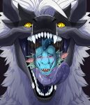 absurd_res ambiguous_form ambiguous_gender blue_body bodily_fluids cheek_tuft dragon drooling duo facial_tuft fangs frill_(anatomy) front_view fur furred_dragon glistening glistening_eyes head_crest head_frill hi_res imperatorcaesar looking_at_viewer mouth_shot mythological_creature mythological_scalie mythology narrowed_eyes neck_tuft open_mouth oral_vore purple_tongue red_eyes saliva saliva_on_tongue saliva_string scalie teeth tongue tongue_out tuft vore white_body white_fur yellow_eyes