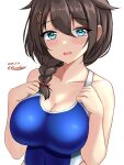  1girl ahoge black_hair blue_eyes blue_one-piece_swimsuit blush braid breasts brown_hair competition_swimsuit dated hair_flaps hair_ornament hair_over_shoulder hair_ribbon highleg highres kantai_collection large_breasts montemasa one-hour_drawing_challenge one-piece_swimsuit ribbon shigure_(kancolle) shigure_kai_ni_(kancolle) single_braid solo swimsuit twitter_username two-tone_swimsuit wet wet_clothes wet_swimsuit 