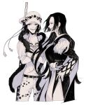  2girls boa_hancock bra cape chest_tattoo coat cowboy_shot crossed_legs earrings epaulettes floating_hair genderswap genderswap_(mtf) greyscale hand_on_own_hip hat hime_cut holding holding_sword holding_weapon hood hooded_cape jewelry long_hair long_sleeves looking_ahead looking_to_the_side monochrome multiple_girls one_piece one_piece:_stampede profile rami_rz sash short_hair simple_background smile snake_earrings sword tattoo thai_commentary trafalgar_law twitter_username underwear weapon 