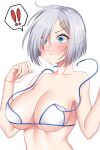  ! !! 1girl bikini blue_eyes breasts grey_hair hair_ornament hair_over_one_eye hairclip hamakaze_(kancolle) kantai_collection large_breasts short_hair simple_background solo spoken_exclamation_mark swimsuit untied_bikini upper_body wardrobe_malfunction white_background white_bikini yomogi_dango 