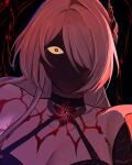  1girl acheron_(honkai:_star_rail) bare_shoulders black_choker breasts choker cleavage commentary grey_hair hair_over_one_eye halterneck highres honkai:_star_rail honkai_(series) khundi long_hair looking_at_viewer red_eyes solo upper_body very_long_hair 