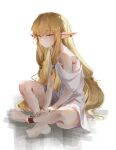  1girl absurdres bangle barefoot blonde_hair bracelet brown_eyes crossed_ankles earrings elf elyzerda feet full_body hair_between_eyes hair_tubes highres indian_style jewelry long_hair looking_at_viewer low-tied_sidelocks off_shoulder pointy_ears robe serie_(sousou_no_frieren) simple_background sitting solo sousou_no_frieren very_long_hair white_background white_robe 