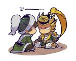  2boys armor blonde_hair brown_hair brown_pants chibi chibi_only chinese_armor chinese_clothes closed_mouth facial_hair full_body glaring goatee_stubble green_hat green_shirt hands_on_own_legs kotorai long_hair looking_at_another ma_chao ma_dai male_focus multiple_boys no_nose pants ponytail shaded_face shin_sangoku_musou shirt short_hair sidelocks signature sitting stubble translation_request 