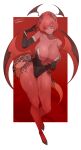  1girl absurdres border breasts choker colored_skin demon_girl demon_tail demon_wings head_wings high_heels highres horns huge_breasts leotard monster_girl original pink_eyes red_background red_hair red_skin short_hair solo tail ub1mo white_border wings 