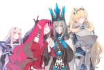  4girls amdamnet arm_hug armor baobhan_sith_(fate) baobhan_sith_(first_ascension)_(fate) barghest_(fate) barghest_(first_ascension)_(fate) black_dress black_gloves blonde_hair blue_eyes blush closed_eyes closed_mouth clothing_cutout crown detached_sleeves dress earrings fate/grand_order fate_(series) frilled_dress frills gloves hair_ornament highres jewelry long_hair melusine_(fate) melusine_(first_ascension)_(fate) morgan_le_fay_(fate) morgan_le_fay_(queen_of_winter)_(fate) mother_and_daughter multiple_girls navel_cutout pink_hair pointing pointing_up pointy_ears red_dress sidelocks smile teeth veil white_background white_dress white_hair yellow_eyes 