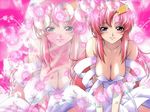  1girl bare_shoulders blue_eyes blush breasts cleavage collarbone dress female gundam gundam_seed hair_ornament hanging_breasts lacus_clyne long_hair looking_at_viewer mobile_suit_gundam_seed mobile_suit_gundam_seed_destiny pink pink_hair solo spread_legs v_arms wallpaper zoom_layer 