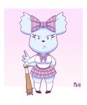 accessory aggretsuko anthro baseball_bat bat_(object) bottomwear bow_(feature) bow_accessory bow_ribbon breasts centered_hair_bow chinchilla chinchillid clothed clothing el_senor_erizo eyelashes female fur hair_accessory hair_bow hair_ribbon headgear hi_res mammal manaka_(aggretsuko) ribbons rodent sanrio simple_background skirt solo tail