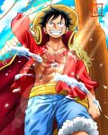  1boy abs bad_source black_hair blue_shirt buttons clenched_hand cloud collared_coat eastblue_95 english_commentary epaulettes hand_on_headwear highres looking_ahead male_focus monkey_d._luffy one_piece open_clothes open_shirt ratline red_shirt scar scar_on_chest scar_on_face shirt short_hair shroud_(sailing) signature sky smile solo twitter_username yellow_shirt 