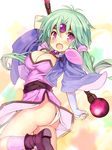  ass boots breasts cleavage dress fingerless_gloves gloves green_hair haou_taikei_ryuu_knight kurasuke large_breasts long_hair looking_back open_mouth paffy_pafuricia panties purple_eyes solo staff underwear weapon 