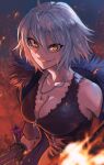  1girl ahoge black_coat breasts cleavage coat dress evil_smile fire highres holding holding_sword holding_weapon jeanne_d&#039;arc_alter_(fate) jeanne_d&#039;arc_alter_(ver._shinjuku_1999)_(fate) jewelry lc_butter pendant short_hair smile sword weapon white_hair yellow_eyes 