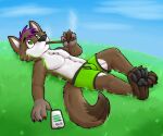 6:5 anthro biped black_pawpads black_seam_underwear boxer_briefs boxer_briefs_only brown_body brown_ears brown_fur brown_hair brown_tail canid canine clothed clothing colored_seam_underwear dipstick_tail electronics fur gaokun green_body green_boxer_briefs green_clothing green_eyes green_fur green_underwear hair hi_res holding_object lying male mammal markings monotone_ears multi_tone_fur multicolored_hair on_back pawpads phone purple_hair smoking_pipe solo tail tail_markings topless two_tone_hair two_tone_tail underwear underwear_only white_body white_fur white_inner_ear