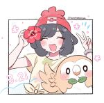  1girl :d ^_^ ameiwasasa artist_name beanie bird black_hair blush border bow bowtie closed_eyes dated eyelashes green_bow green_bowtie hat highres medium_hair open_mouth outside_border owl poke_ball_print pokemon pokemon_(creature) pokemon_sm print_headwear red_hat rowlet selene_(pokemon) smile twitter_username upper_body v white_background white_border 