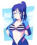  1girl absurdres bikini blue_hair blue_sky blush bodysuit border breasts cleavage closed_mouth collarbone cowboy_shot curetortellini diving_suit high_ponytail highres large_breasts long_hair long_sleeves looking_at_viewer love_live! love_live!_sunshine!! matsuura_kanan navel open_bodysuit open_clothes ponytail purple_eyes sky solo standing striped_bikini striped_clothes swimsuit wetsuit white_border 