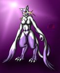  anthro black_nose breasts chest_tuft claws eyelashes female fur looking_at_viewer mienshao navel nintendo open_mouth pok&#233;mon pok&eacute;mon purple_background purple_fur red_eyes snowfyre solo standing toe_claws toes tuft video_games white_fur 