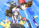  1boy 1girl :o artist_name bag baseball_cap black_bag blue_background blue_eyes blue_jacket brown_eyes brown_hair clothed_pokemon colored_skin commentary_request hat high_ponytail hilbert_(pokemon) hilda_(pokemon) hood hooded_jacket jacket long_hair looking_at_viewer medium_hair open_mouth pikachu pink_bag poke_ball_print pokemon pokemon_(creature) pokemon_bw pokepokekonpeki print_bag print_headwear red_hat shirt shoulder_bag smile tail teeth twitter_username white_hat white_shirt yellow_skin 