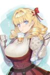  1girl blonde_hair blue_eyes blush breasts bubble_tea bubble_tea_challenge dress drill_hair drinking_straw drinking_straw_in_mouth hair_intakes hair_ribbon highres large_breasts long_hair looking_at_viewer object_on_breast ouosoul red_dress ribbon scarlett_(unicorn_overlord) solo sweater sweater_under_dress turtleneck turtleneck_sweater unicorn_overlord 