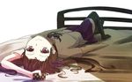  bad_id bad_twitter_id bed bed_sheet brown_hair cellphone checkered himekaidou_hatate long_hair looking_at_viewer natsuki_teru necktie phone purple_eyes ribbon simple_background skirt smile solo thighhighs touhou twintails white_background zettai_ryouiki 