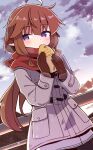  1girl ahoge animal_ears blue_eyes blush brown_gloves brown_hair cloud coat commentary_request cowboy_shot duffel_coat dusk eating food gloves highres long_hair long_sleeves looking_to_the_side low_ponytail original outdoors parted_lips railing red_scarf scarf sky solo taiyaki wagashi yukinagi 