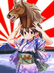  &gt;:) alternate_costume brown_hair horse_mask japanese_clothes kaga_(kantai_collection) kantai_collection mountain short_hair side_ponytail smile solo v-shaped_eyebrows yuuki_keisuke 